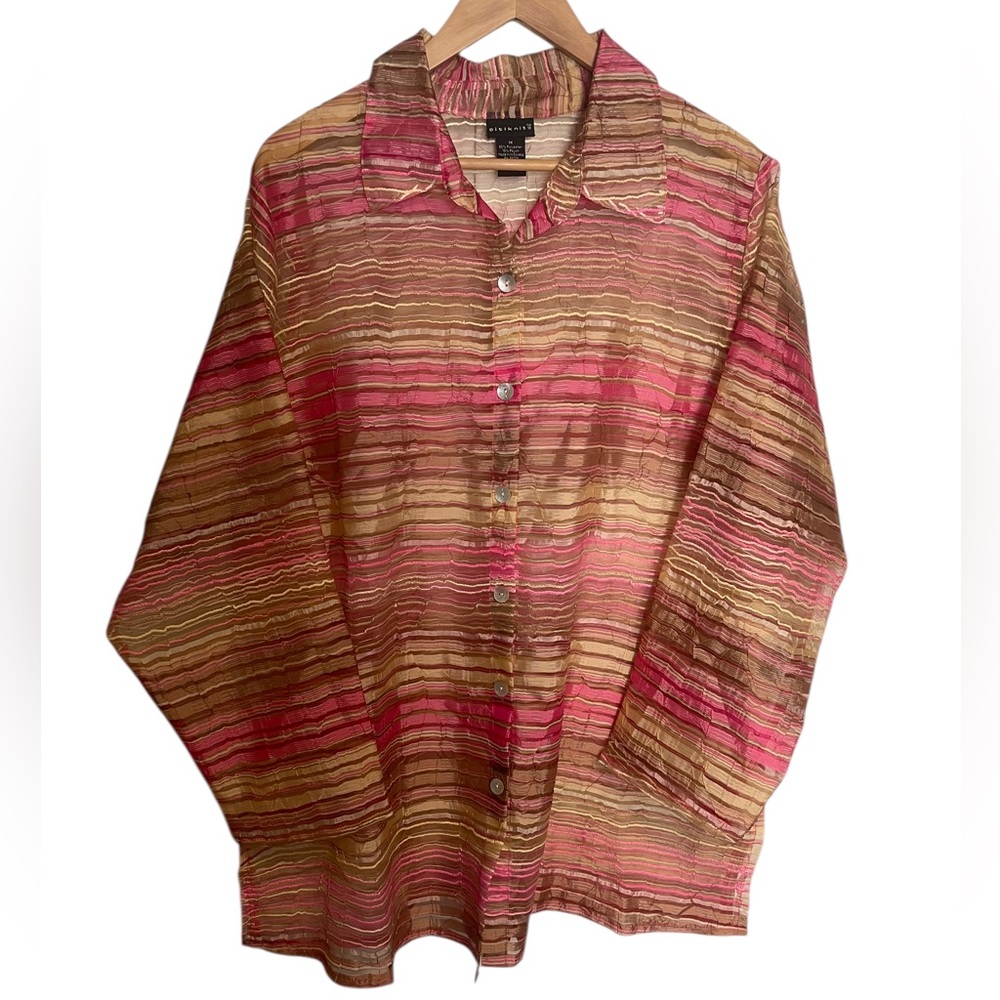Citiknits Button Down Sheer Layers Crinkle Shirt Tunic Pink Beige Plus Size 1X